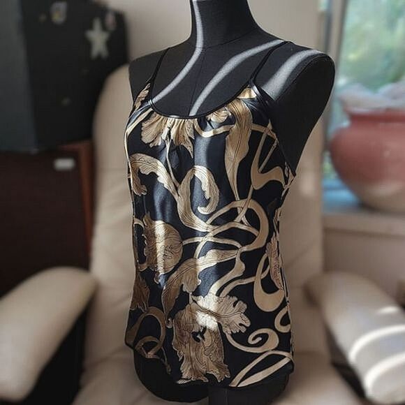 Vtg 90s Patricia Fieldwalker gold on sheer black silk camisole - Picture 1 of 10